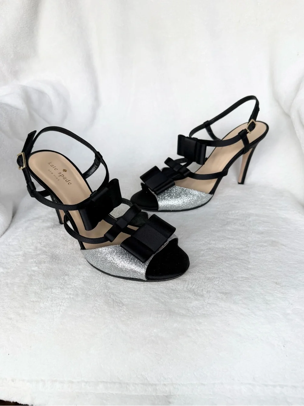 Kate Spade New York Silver Satin Bow Slingback Sandals 8.5